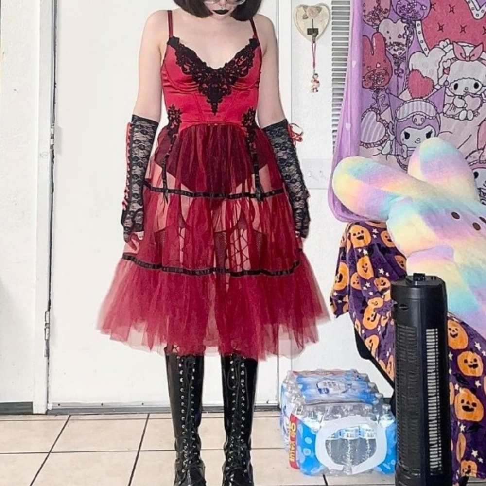Dolls Kill Red & Black Lace-Trim Tiered Tulle Mini Dress
